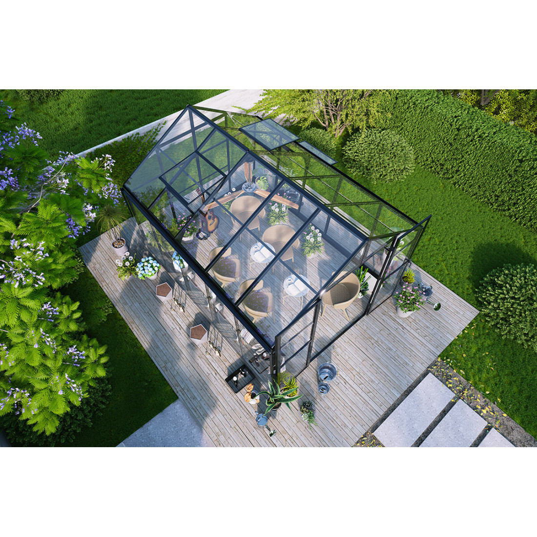 widok z góry na szklarnię solid pc z dachem z poliwęglanu wraz z oknami wentylacyjnymi