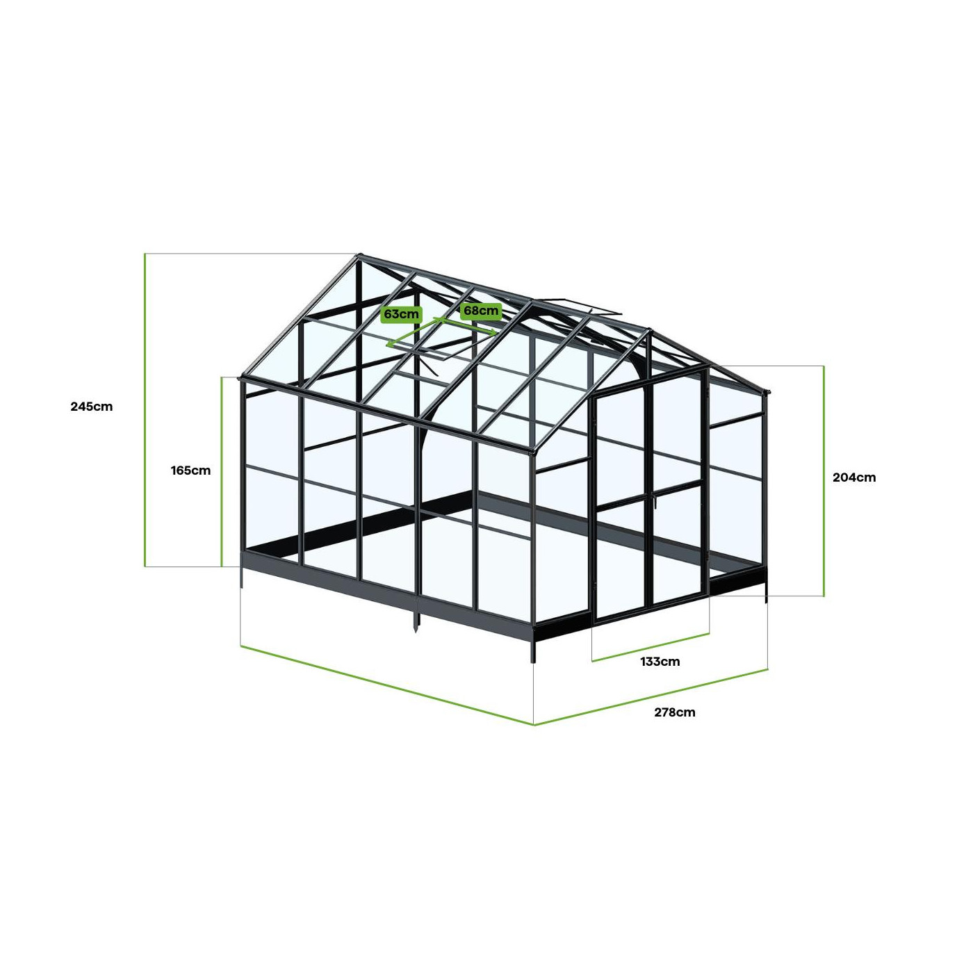 Solid PC 347x278cm black polycarbonate greenhouse in a garden arrangement