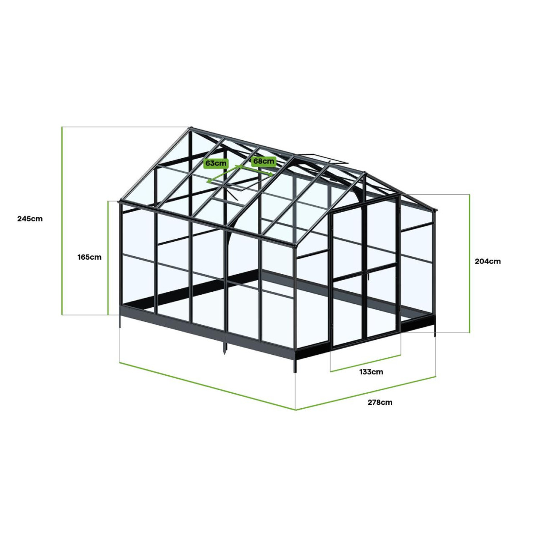 Solid PC 347x278cm black polycarbonate greenhouse in a garden arrangement