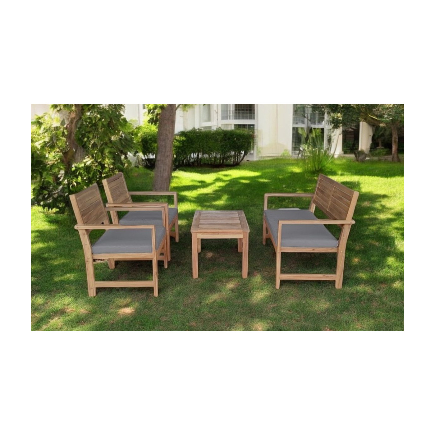 Letnia aranżacja drewnianych mebli z szarymi poduszkami otto caffe