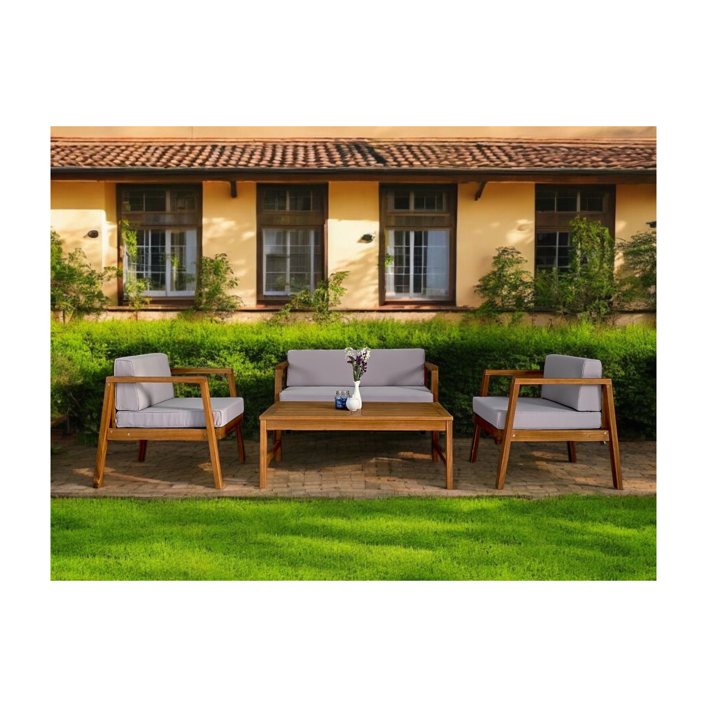 Aranżacja w tarasie przed domem drewnianych mebli malmo caffe