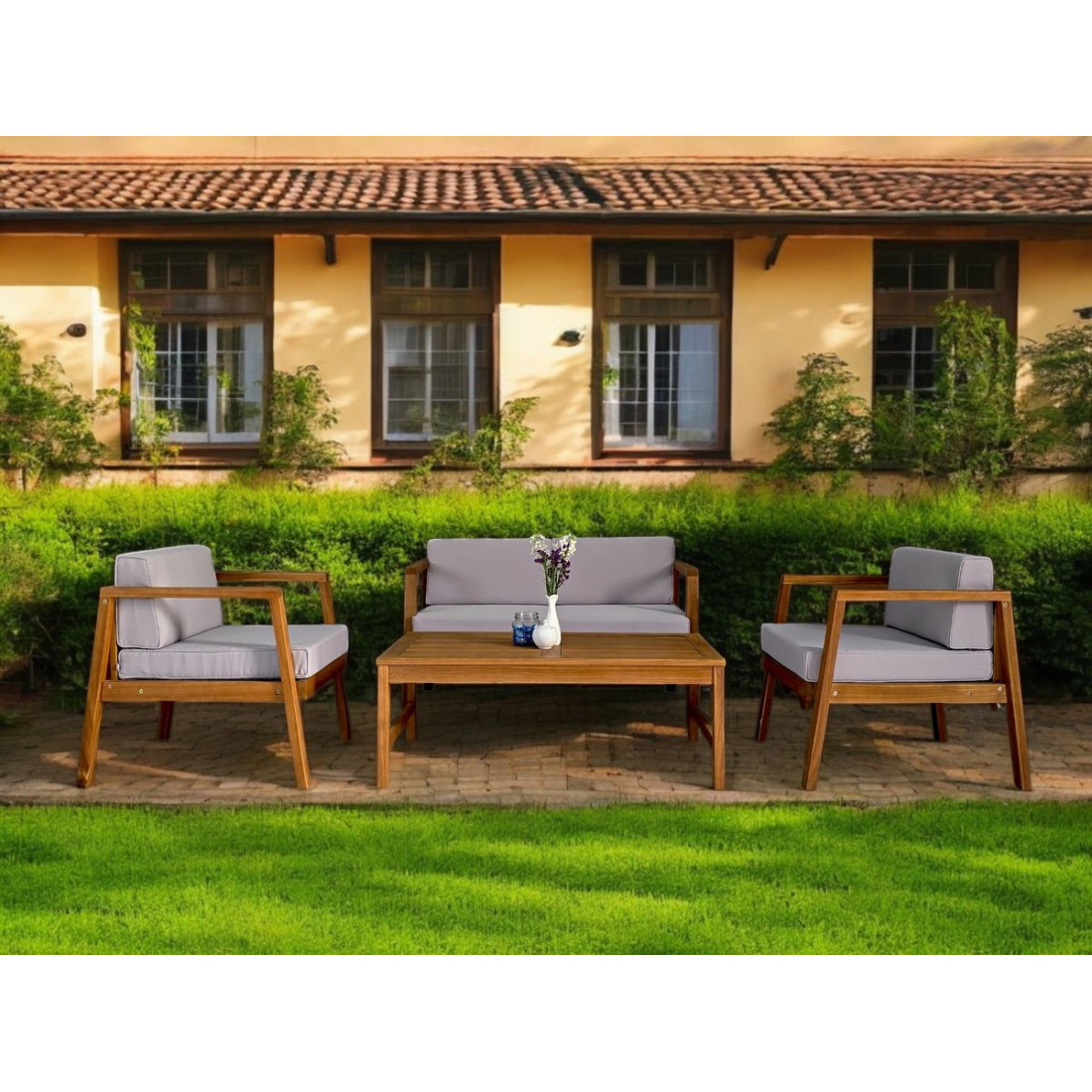 Aranżacja w tarasie przed domem drewnianych mebli malmo caffe