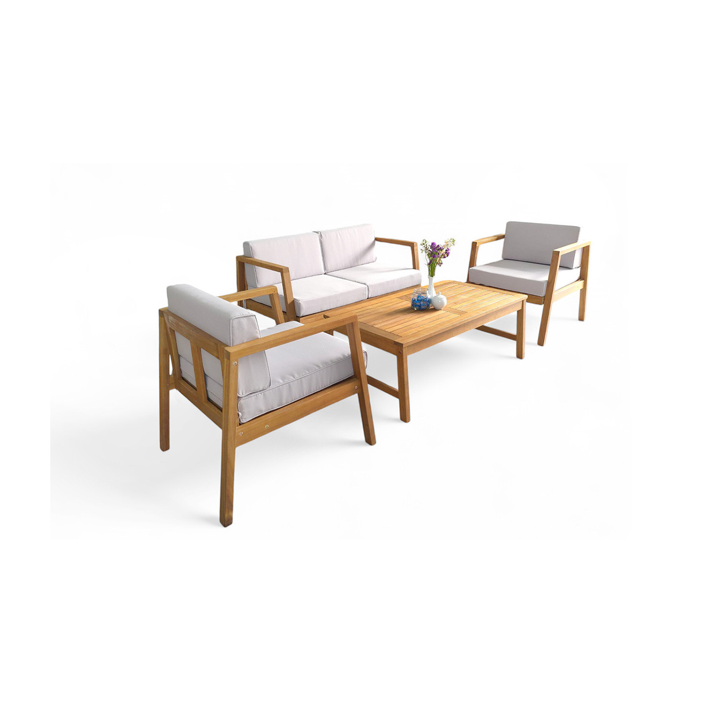 bok zestawu malmo caffe z szarymi poduszkami i konstrukcją z drewna akacjowego