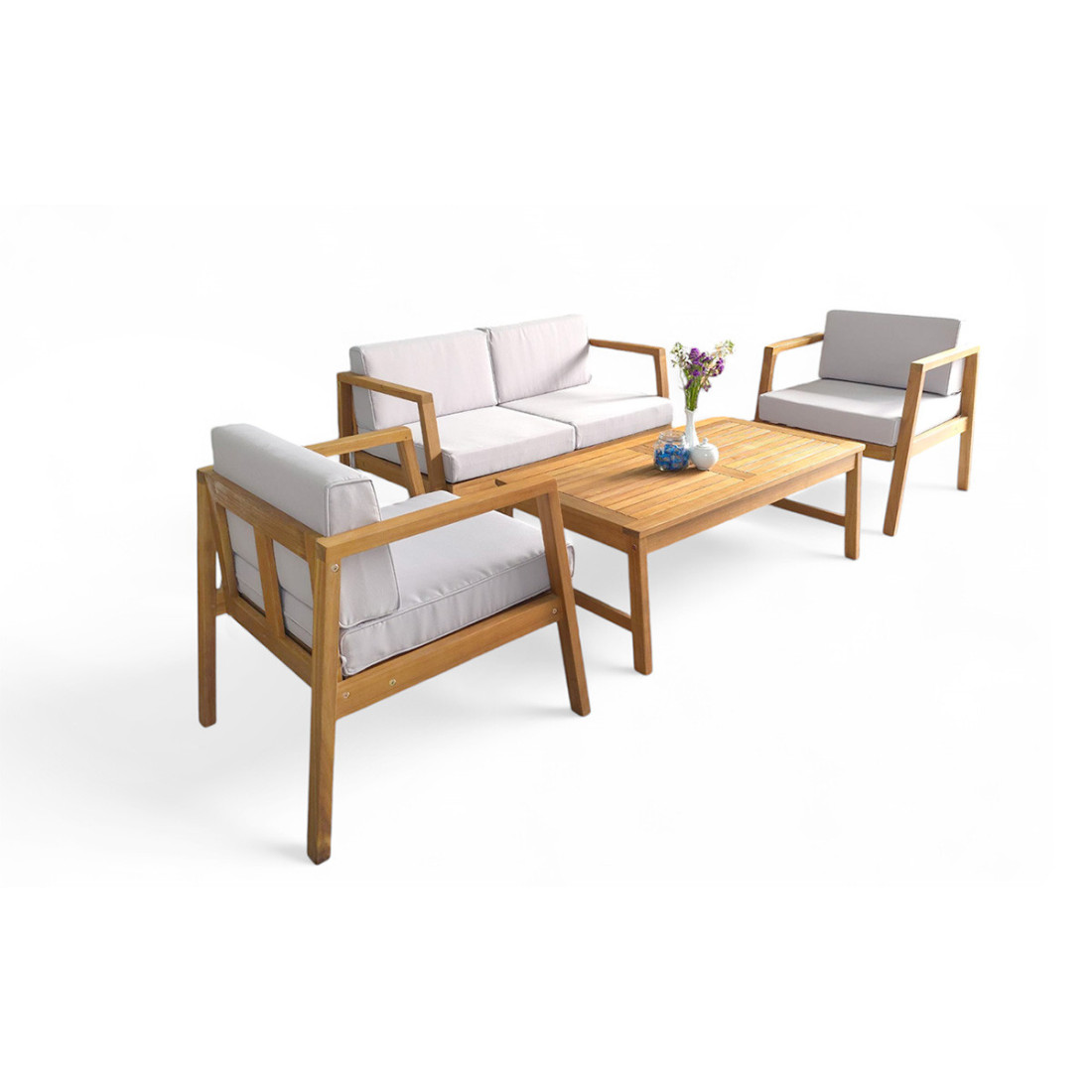 bok zestawu malmo caffe z szarymi poduszkami i konstrukcją z drewna akacjowego