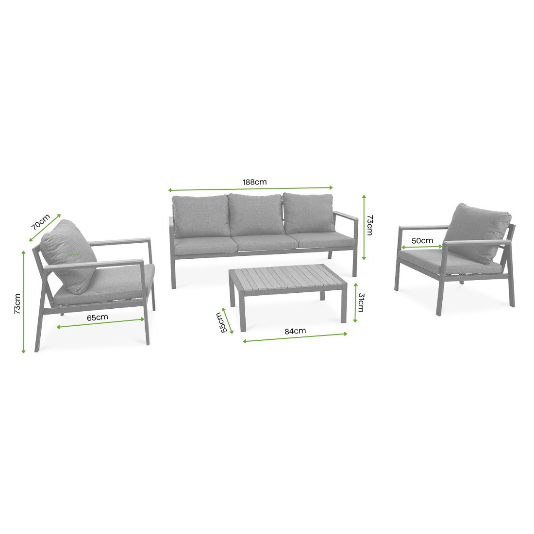 Grafika przedstawiająca wymiary mebli ogrodowych Edison Caffe