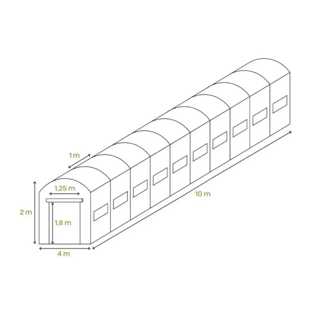 Wymiary tunelu foliowego z podwójnymi drzwiami 4x10x2 - 40m2 Zielony