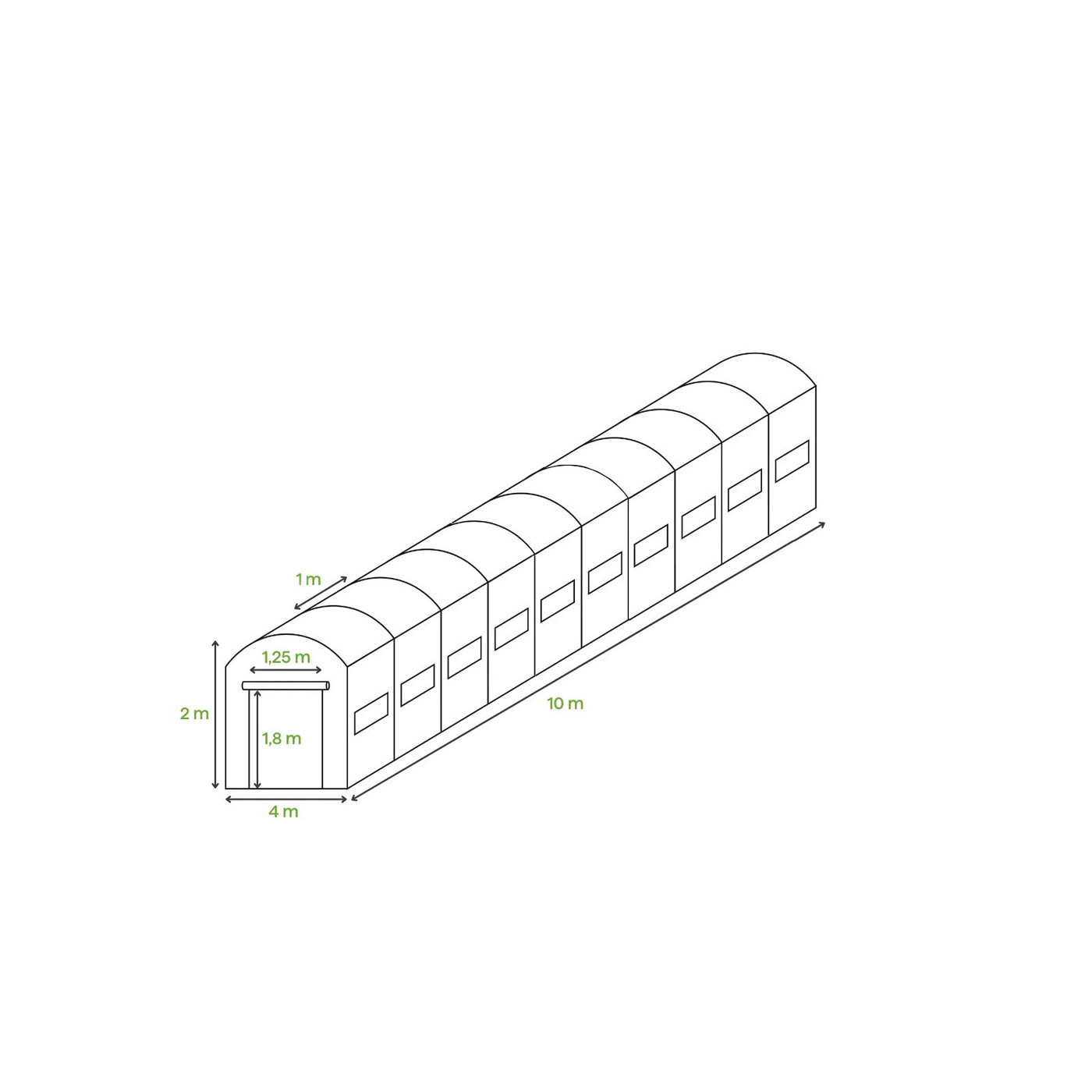 Rysunek z wymiarami białego tunelu foliowego cultivo 4x10x2, 10 sekcji