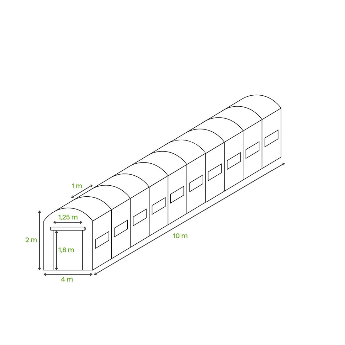 Rysunek z wymiarami białego tunelu foliowego cultivo 4x10x2, 10 sekcji