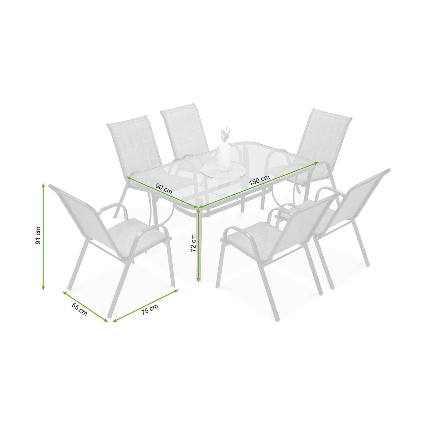 rysunek z wymiarami zestawu jadalnianego ogrodowego bologna w kolorze jasno beżowym