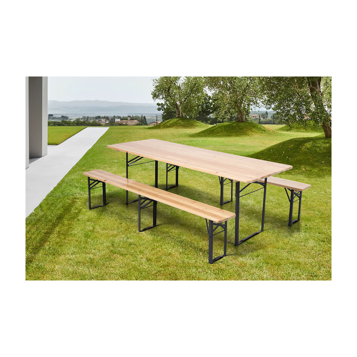 Zestaw piwny składny z metalowym stelażem, blat stołu i siedziska drewniane