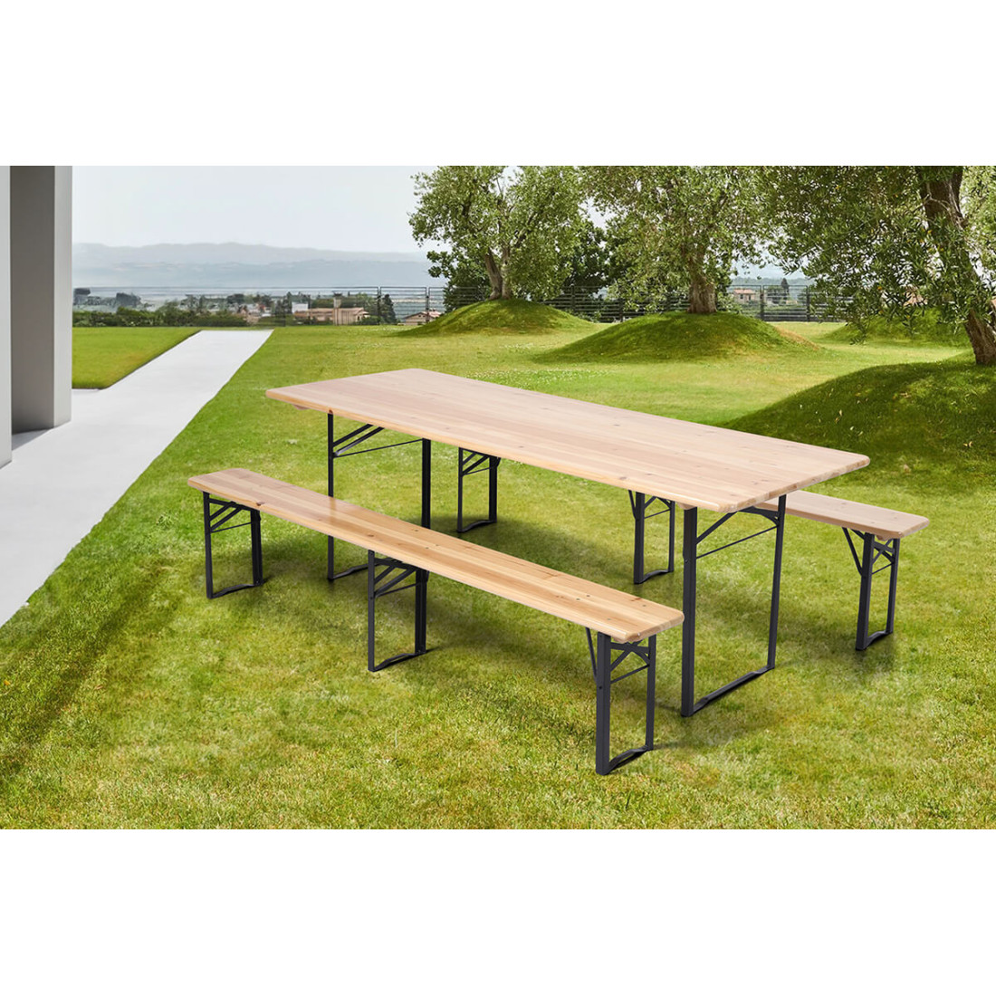 Zestaw piwny składny z metalowym stelażem, blat stołu i siedziska drewniane