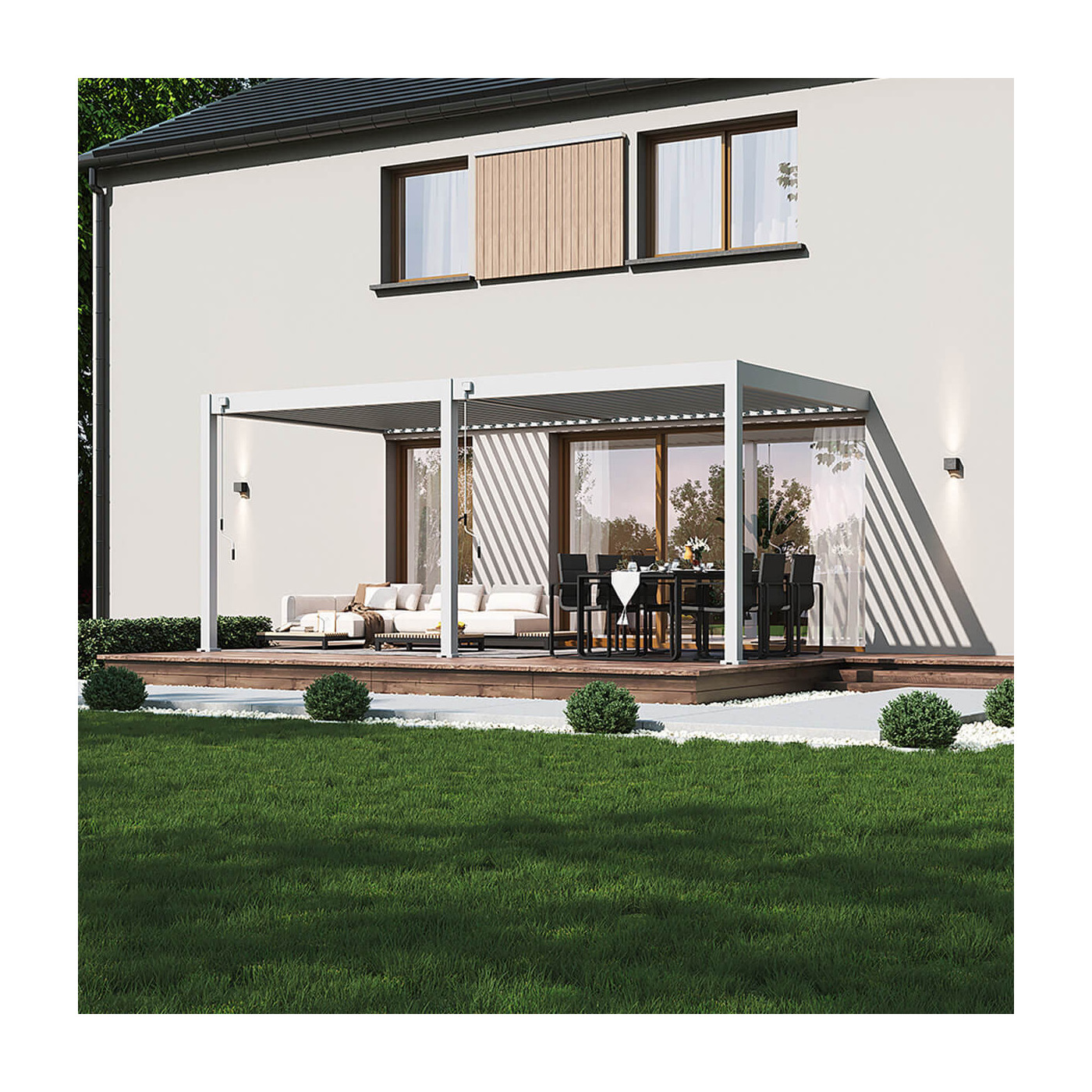 Przyscienna pergola aluminiowa 3x6 m z systemem odprowadzania wody, biala