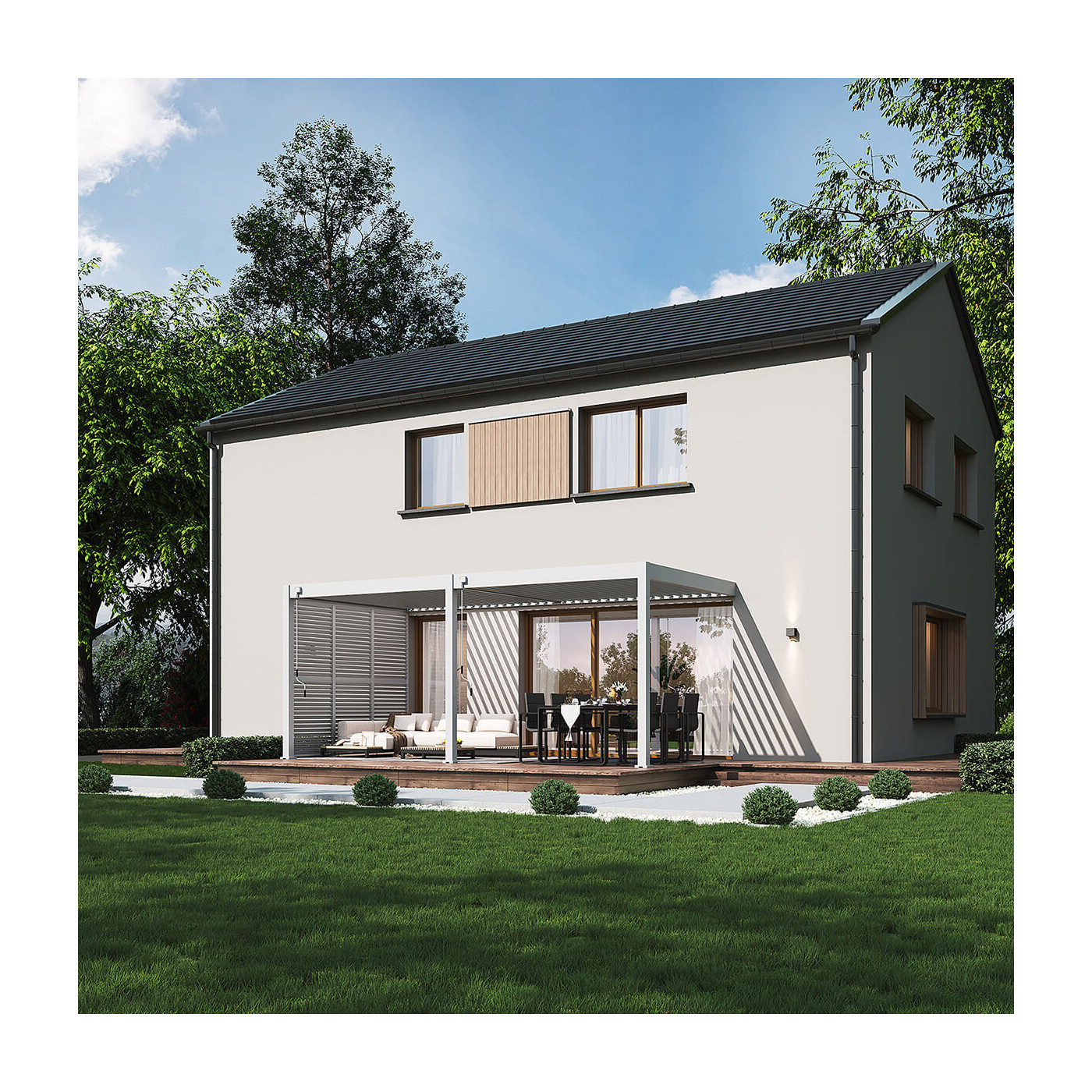 Biała pergola tarasowa Elegance Wall 3x6 marki Gutroof w aranżacji ogrodowej obok nowoczesnego domu.