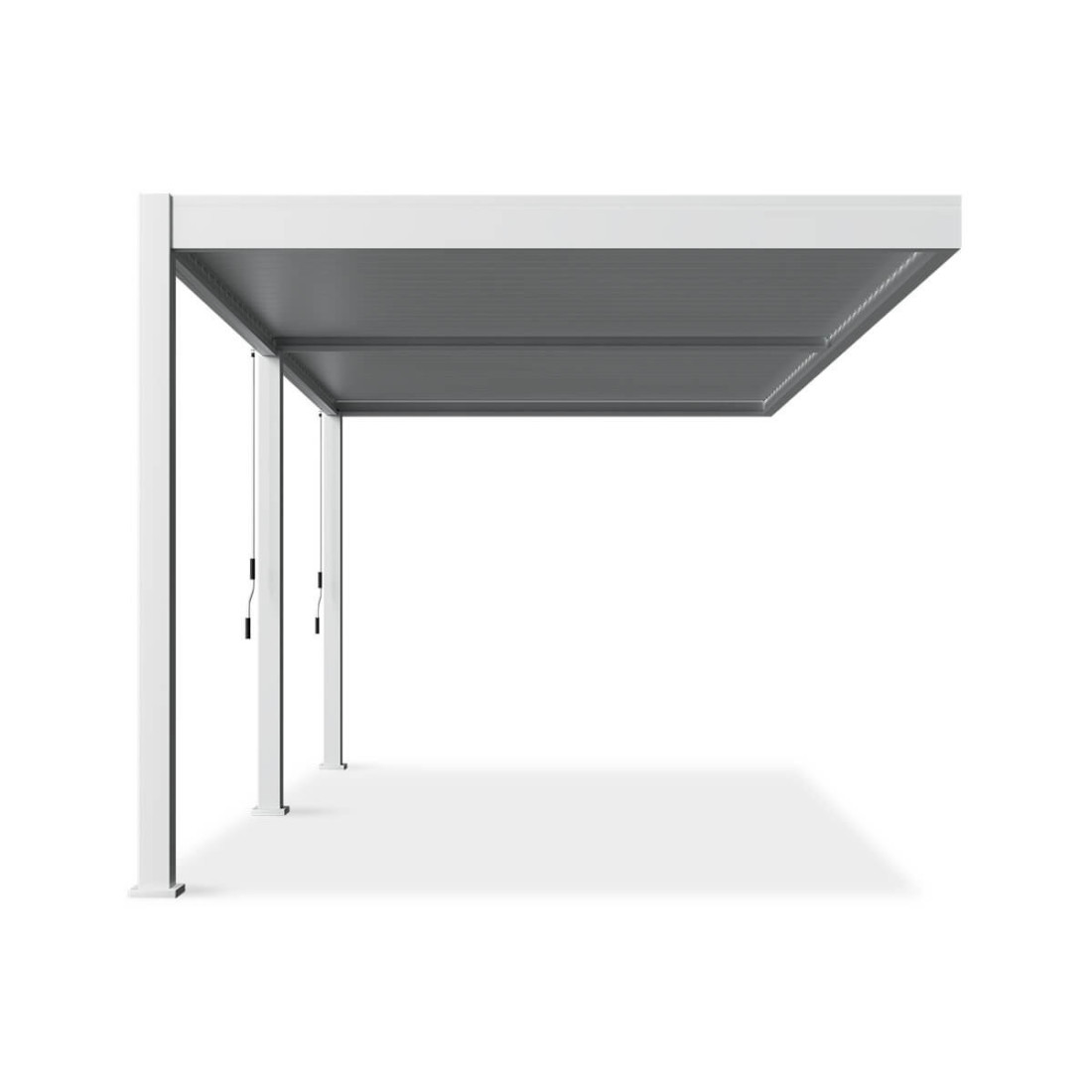 Widok pod kątem białej pergoli tarasowej Elegance Wall 3x6 marki Gutroof.