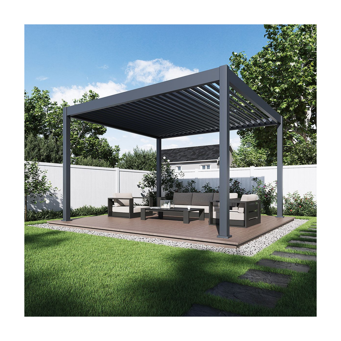 Aranżacja w słoneczny dzień antracytowej pergoli z oświetleniem led i automatycznym sterowaniem otwieraniem lameli 