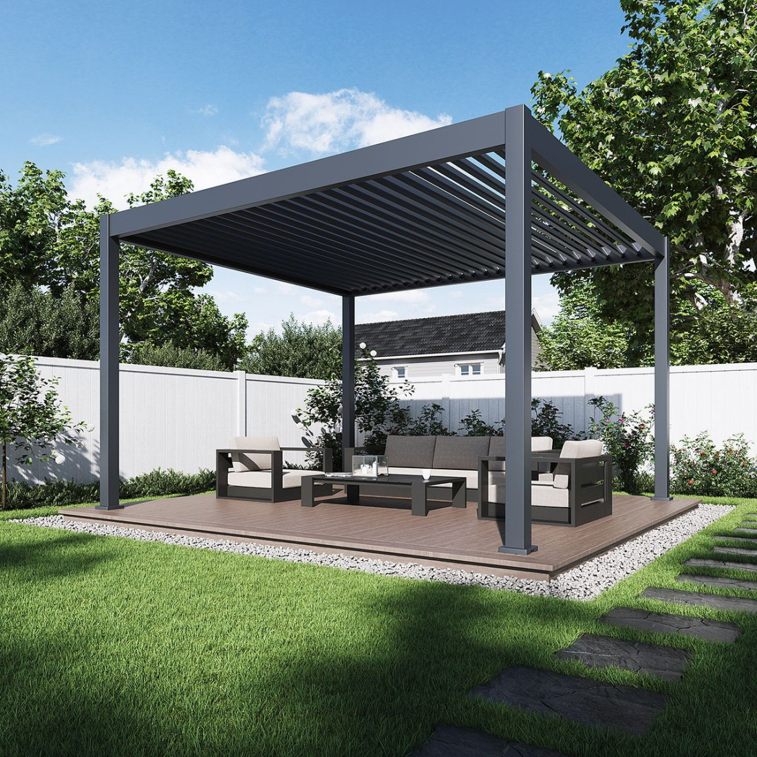 Aranżacja w słoneczny dzień antracytowej pergoli z oświetleniem led i automatycznym sterowaniem otwieraniem lameli 