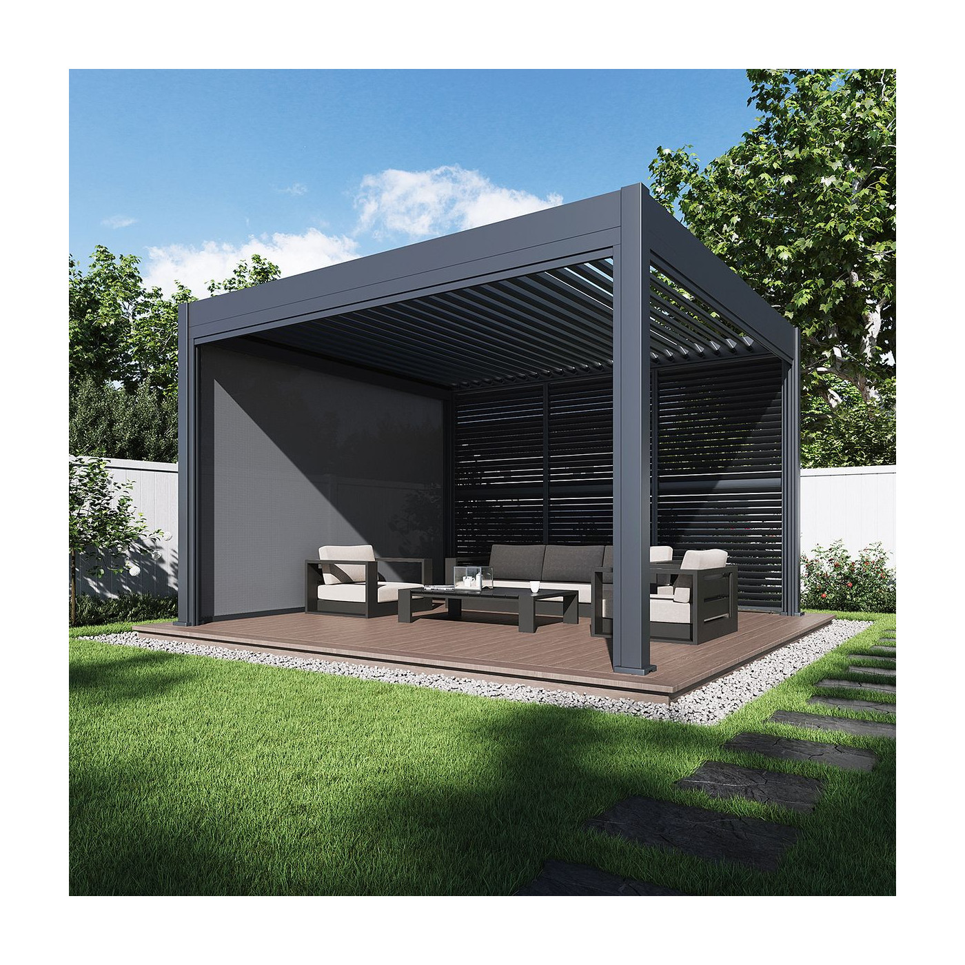 wieczorna aranżacja automatycznej pergoli deluxe z panelami LED