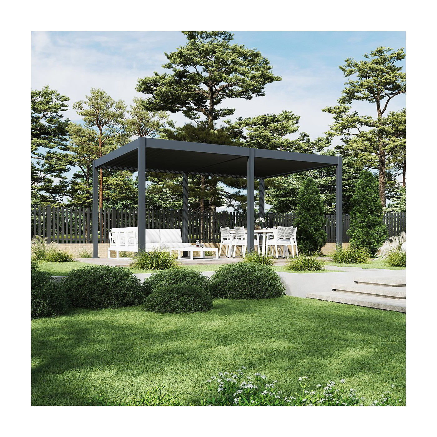 Aranżacja na tarasie w lato pergoli deluxe z panelami LED i automatycznym sterowaniem dachem