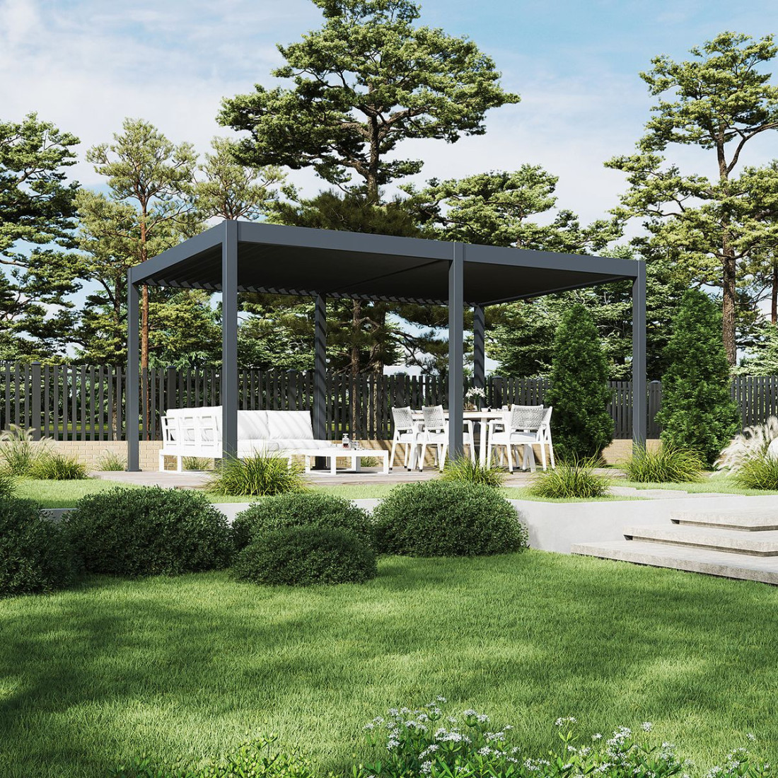 Aranżacja na tarasie w lato pergoli deluxe z panelami LED i automatycznym sterowaniem dachem