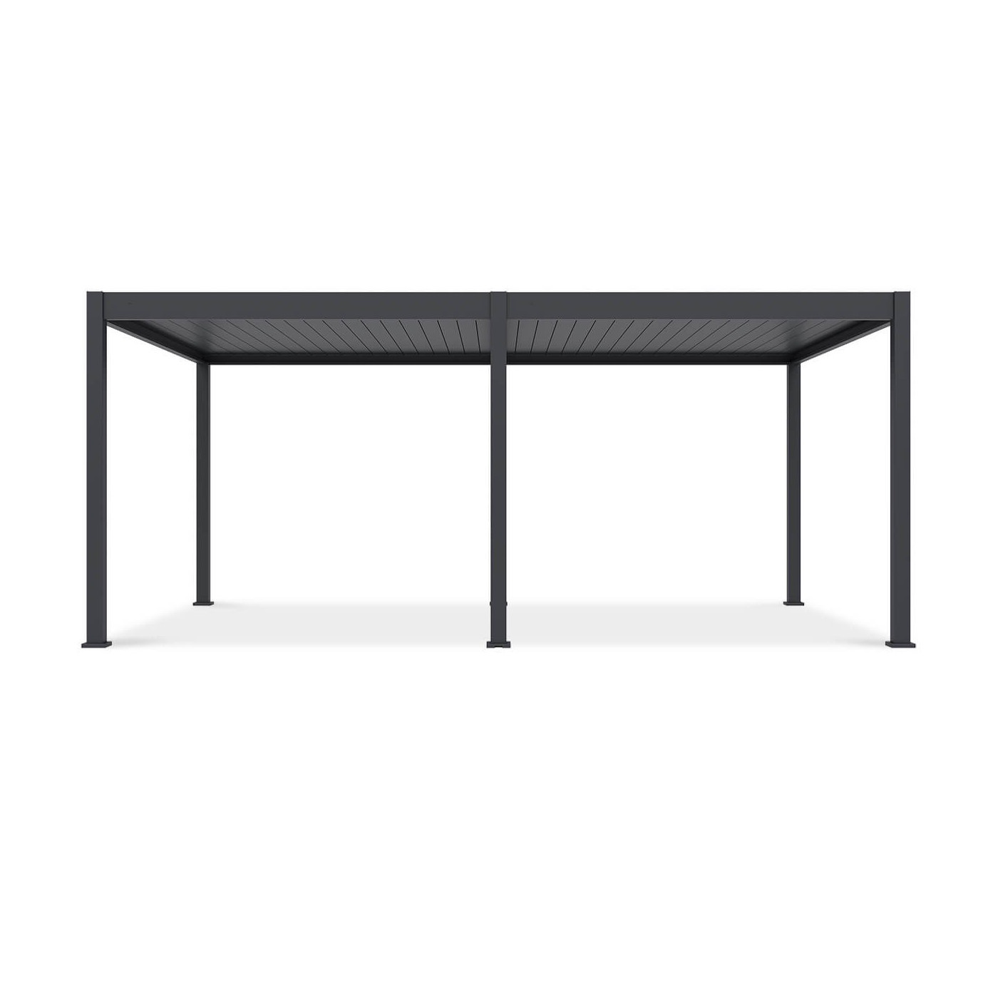 Pergola tarasowa Deluxe Automatic+LED 3.6x6 antracytowa oświetlona w wieczornej scenerii.