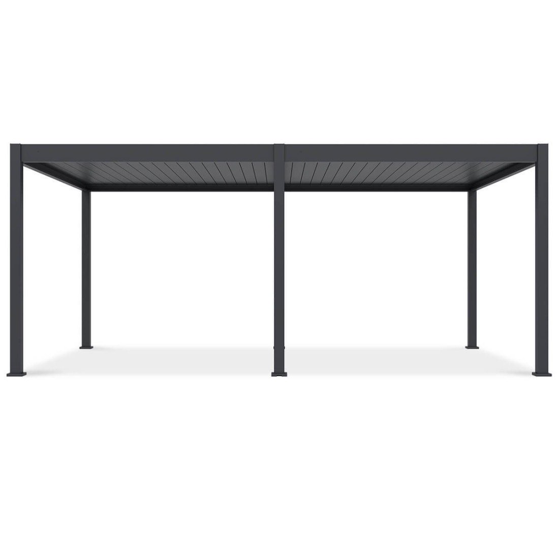 Pergola tarasowa Deluxe Automatic+LED 3.6x6 antracytowa oświetlona w wieczornej scenerii.