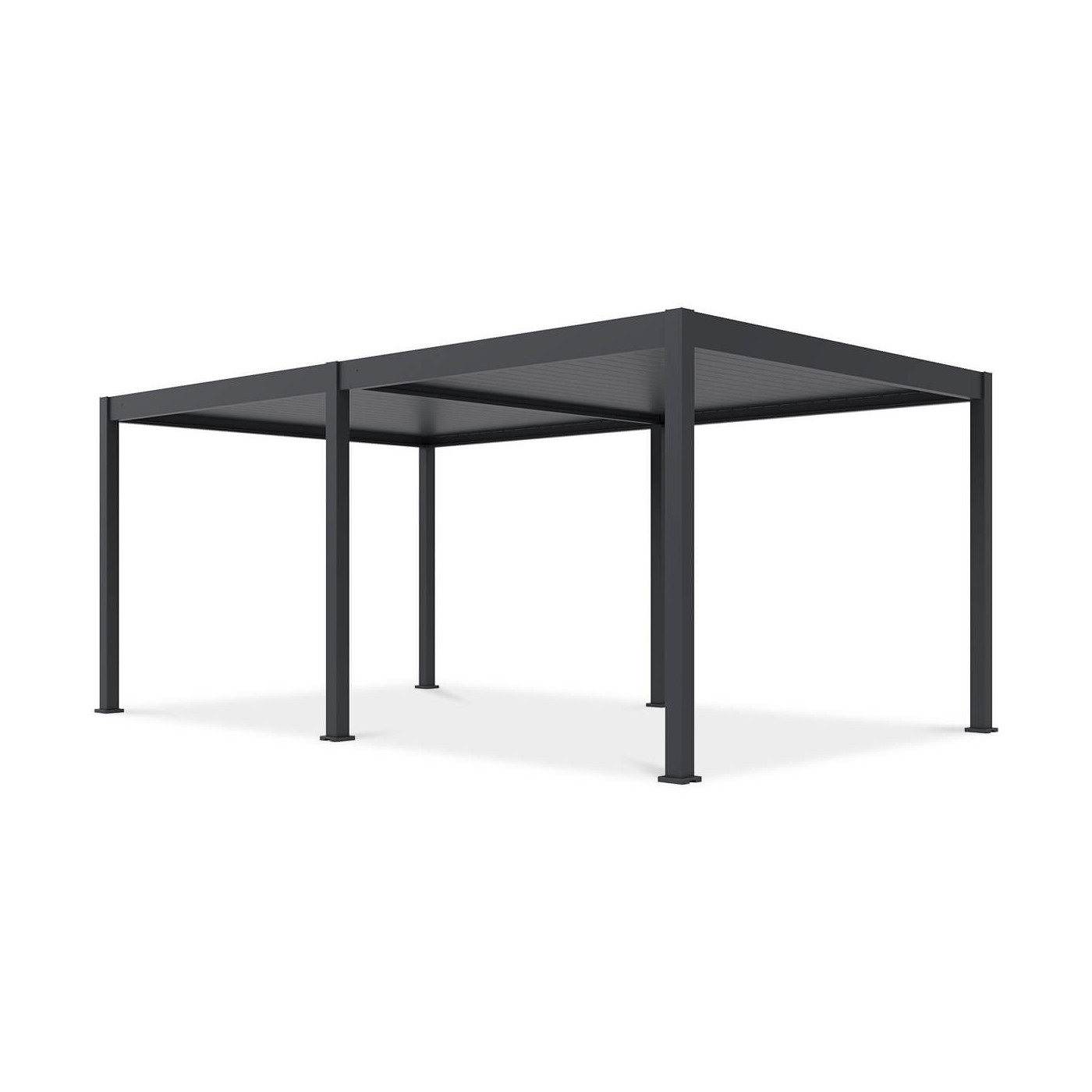 Widok z przodu pergoli tarasowej Deluxe Automatic+LED 3.6x6 w kolorze antracytowym, na białym tle.