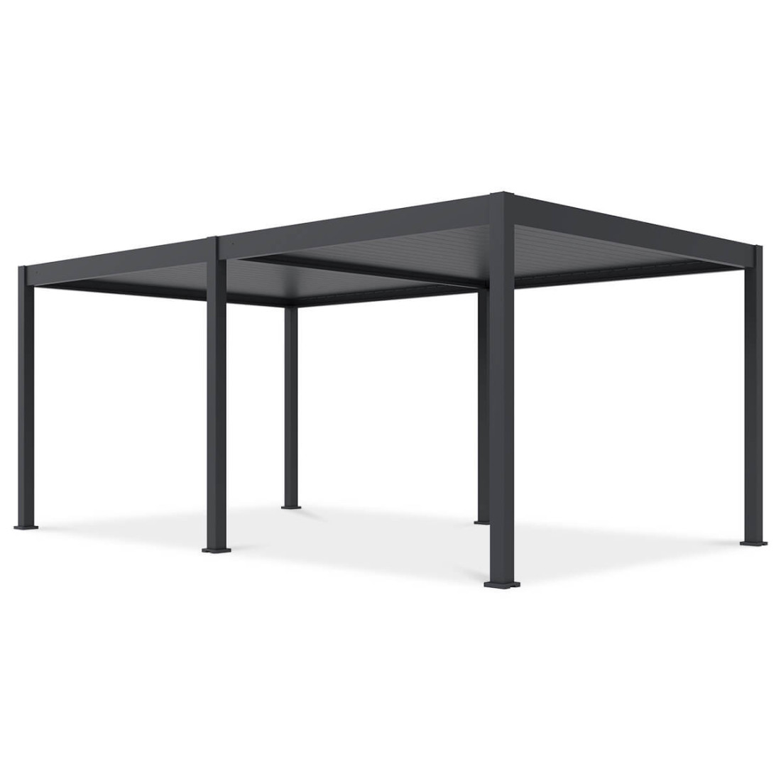 Widok z przodu pergoli tarasowej Deluxe Automatic+LED 3.6x6 w kolorze antracytowym, na białym tle.