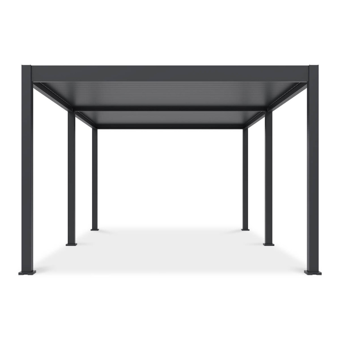 Widok boczny pergoli tarasowej Deluxe Automatic+LED 3.6x6 antracytowej na białym tle.