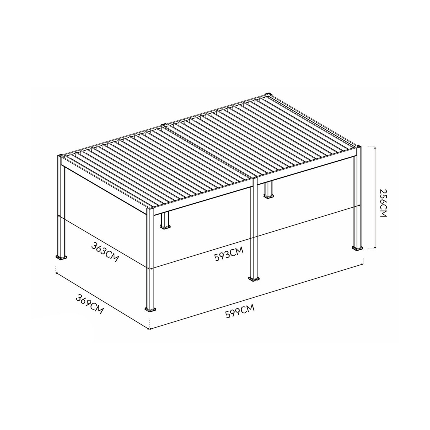 Widok krótszego boku pergoli tarasowej Deluxe Automatic+LED 3.6x6 w kolorze antracytowym, na białym tle.