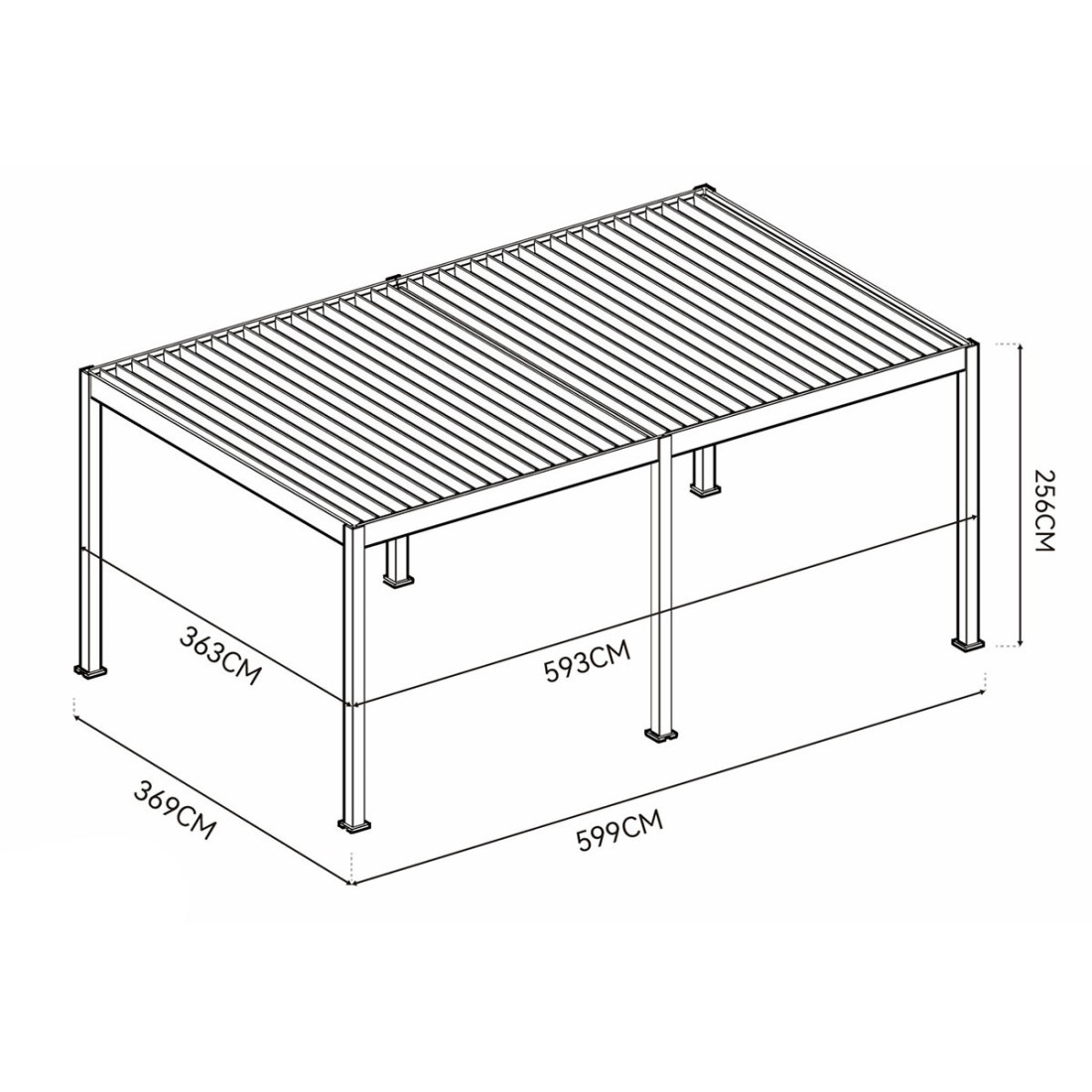Widok krótszego boku pergoli tarasowej Deluxe Automatic+LED 3.6x6 w kolorze antracytowym, na białym tle.