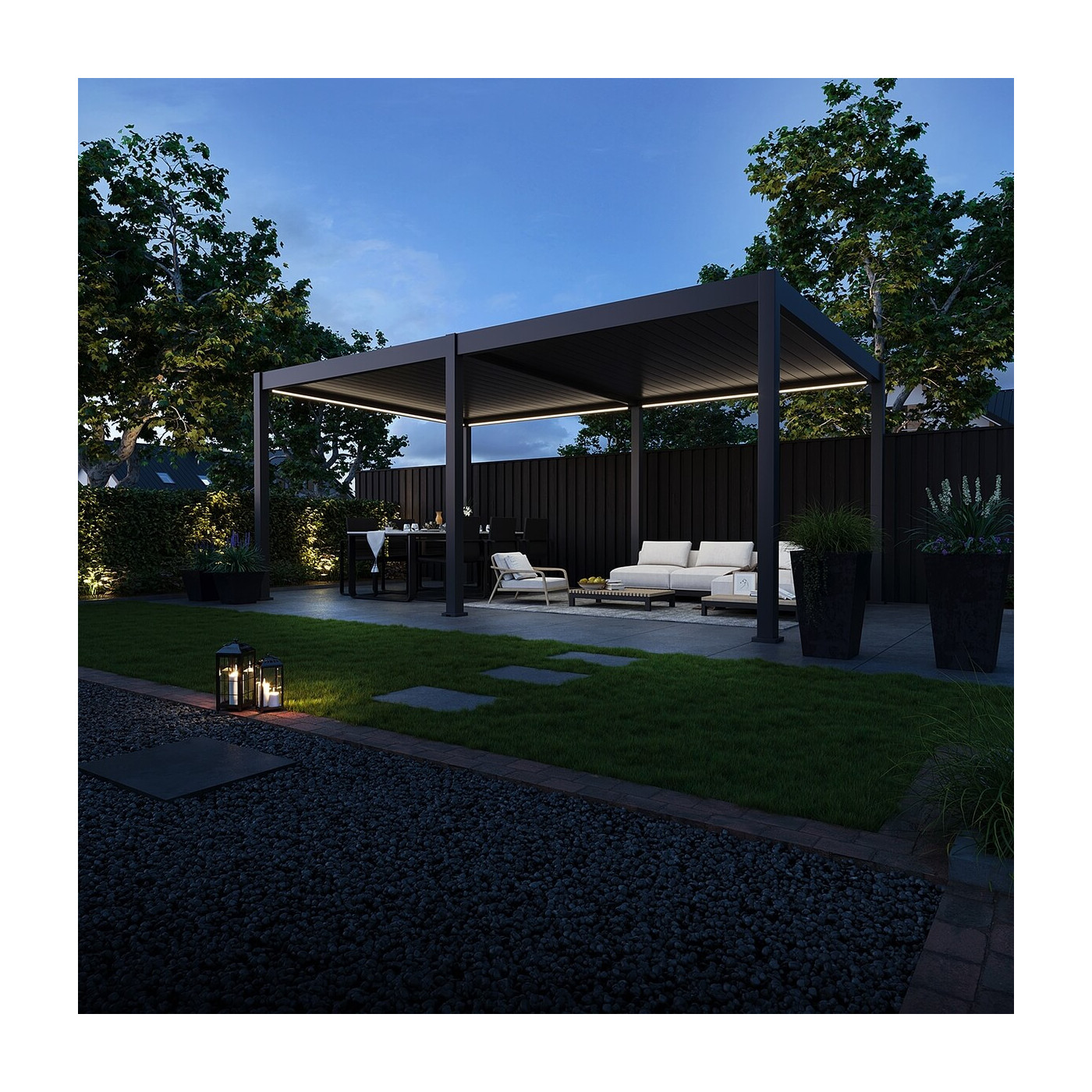 Rysunek techniczny pergoli tarasowej Deluxe Automatic+LED 3.6x6 antracytowej z podanymi wymiarami.
