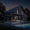 Pergola tarasowa Deluxe Automatic+LED 3.6x7.2 antracytowa w wieczornej aranżacji przed domem z basenem.