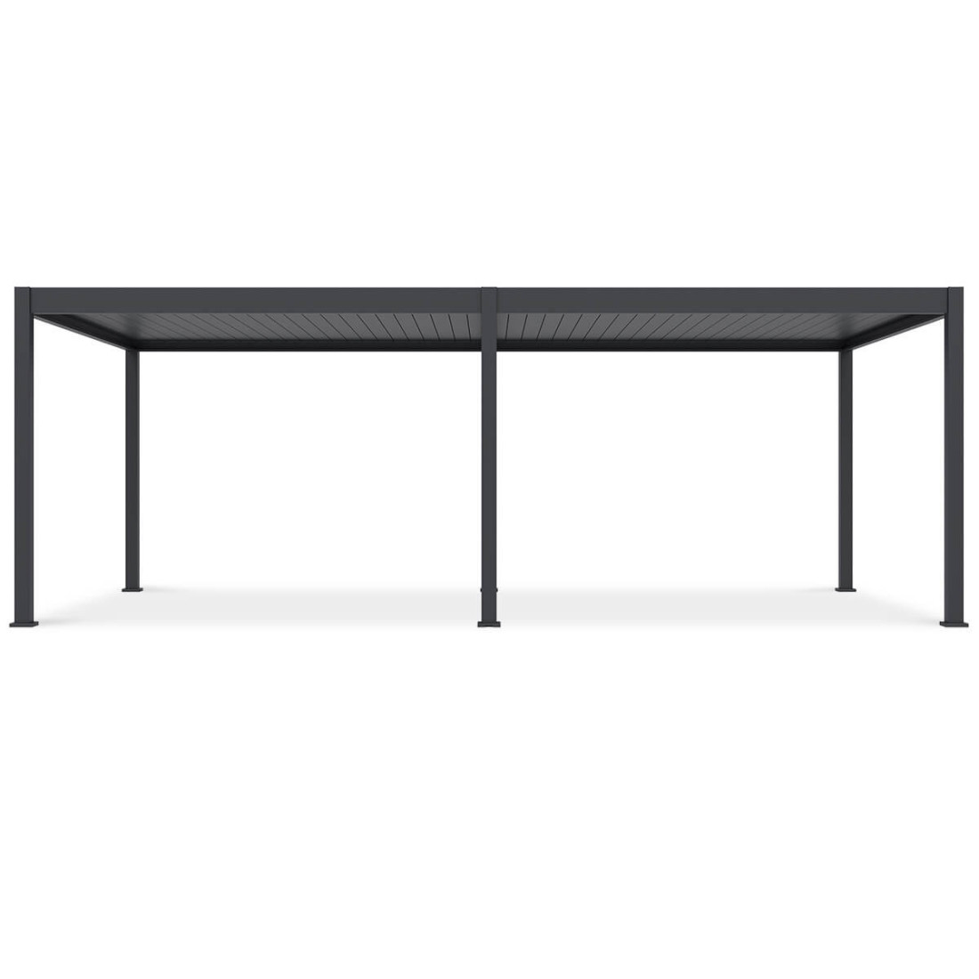 Wieczorna aranżacja pergoli Deluxe Automatic+LED 3.6x7.2 antracytowej, widok od strony basenu i ogrodu.