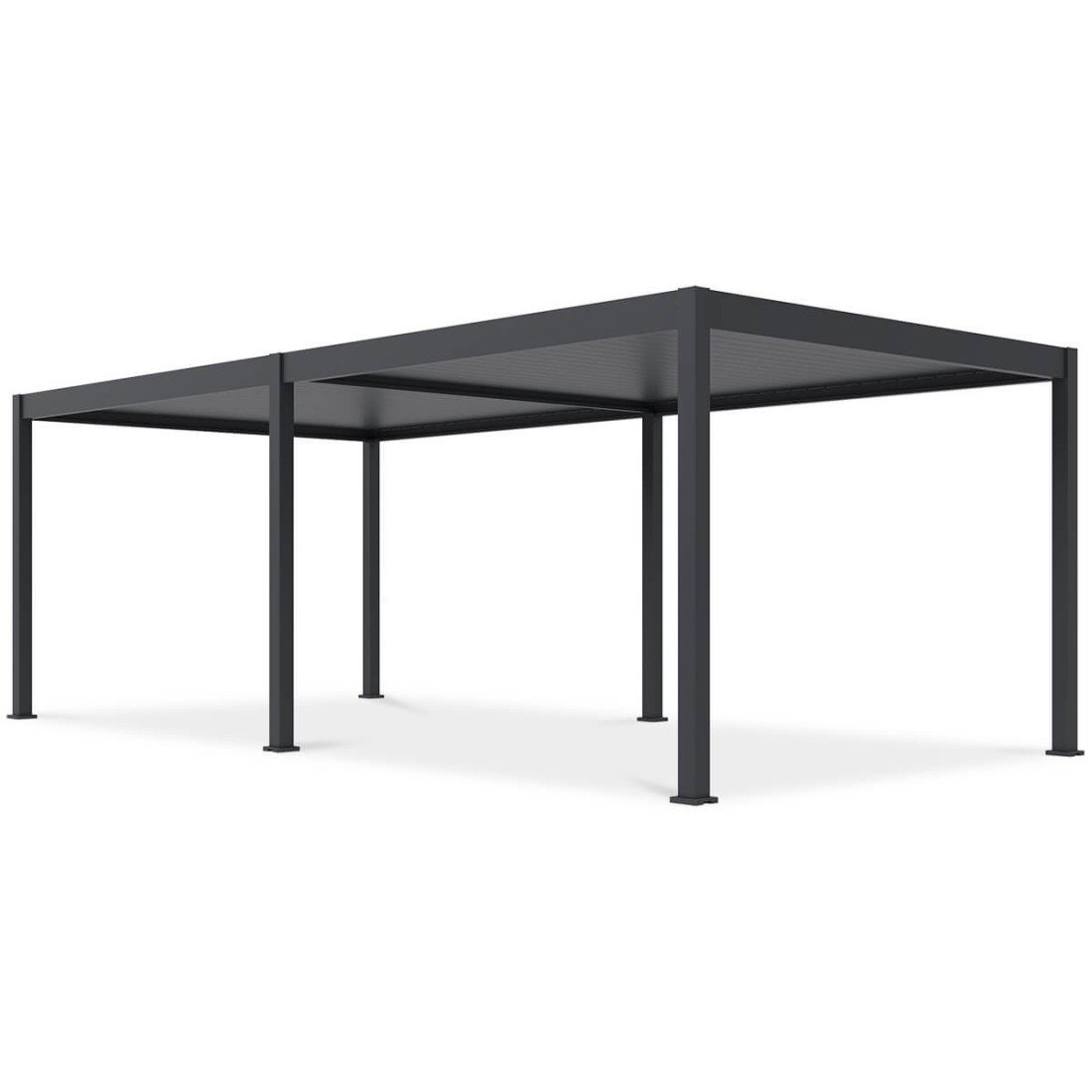Przednie ujęcie pergoli tarasowej Deluxe Automatic+LED 3.6x7.2 w kolorze antracytowym na białym tle.
