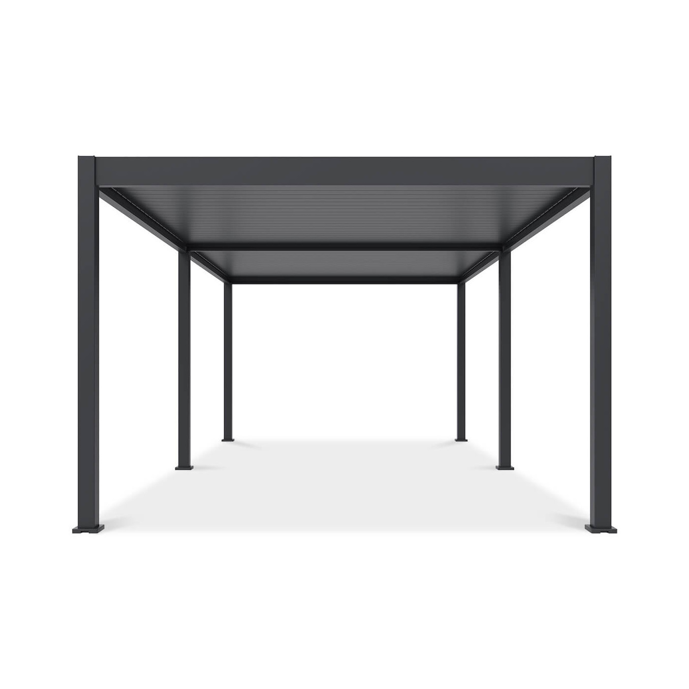 Widok boczny pergoli tarasowej Deluxe Automatic+LED 3.6x7.2 w kolorze antracytowym na białym tle.