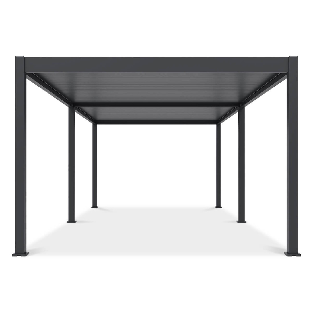 Widok boczny pergoli tarasowej Deluxe Automatic+LED 3.6x7.2 w kolorze antracytowym na białym tle.
