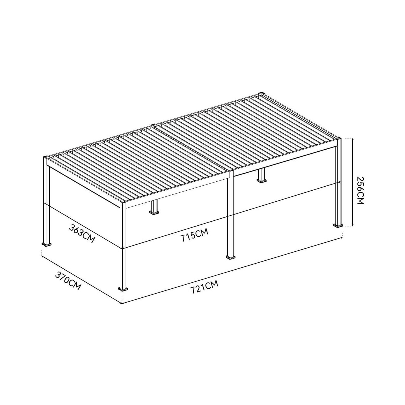 Widok krótszego boku pergoli tarasowej Deluxe Automatic+LED 3.6x7.2 antracytowej na białym tle.