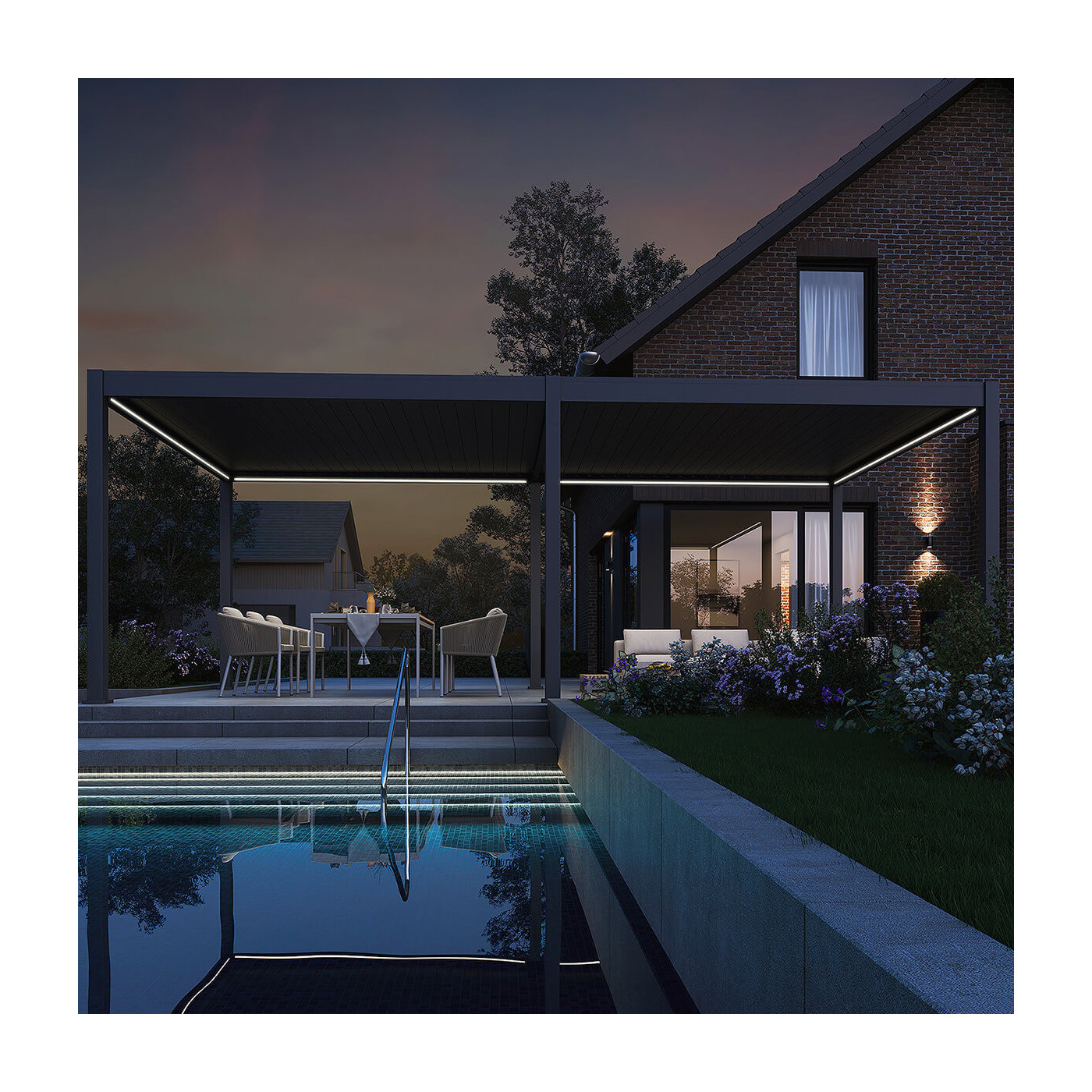 Rysunek techniczny pergoli tarasowej Deluxe Automatic+LED 3.6x7.2 antracytowej z podanymi wymiarami.