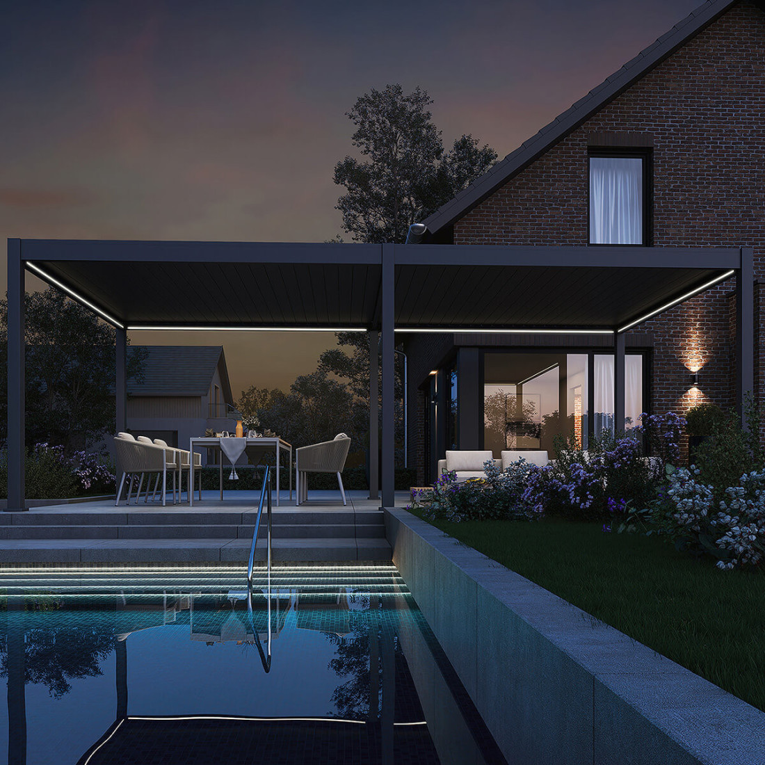 Rysunek techniczny pergoli tarasowej Deluxe Automatic+LED 3.6x7.2 antracytowej z podanymi wymiarami.