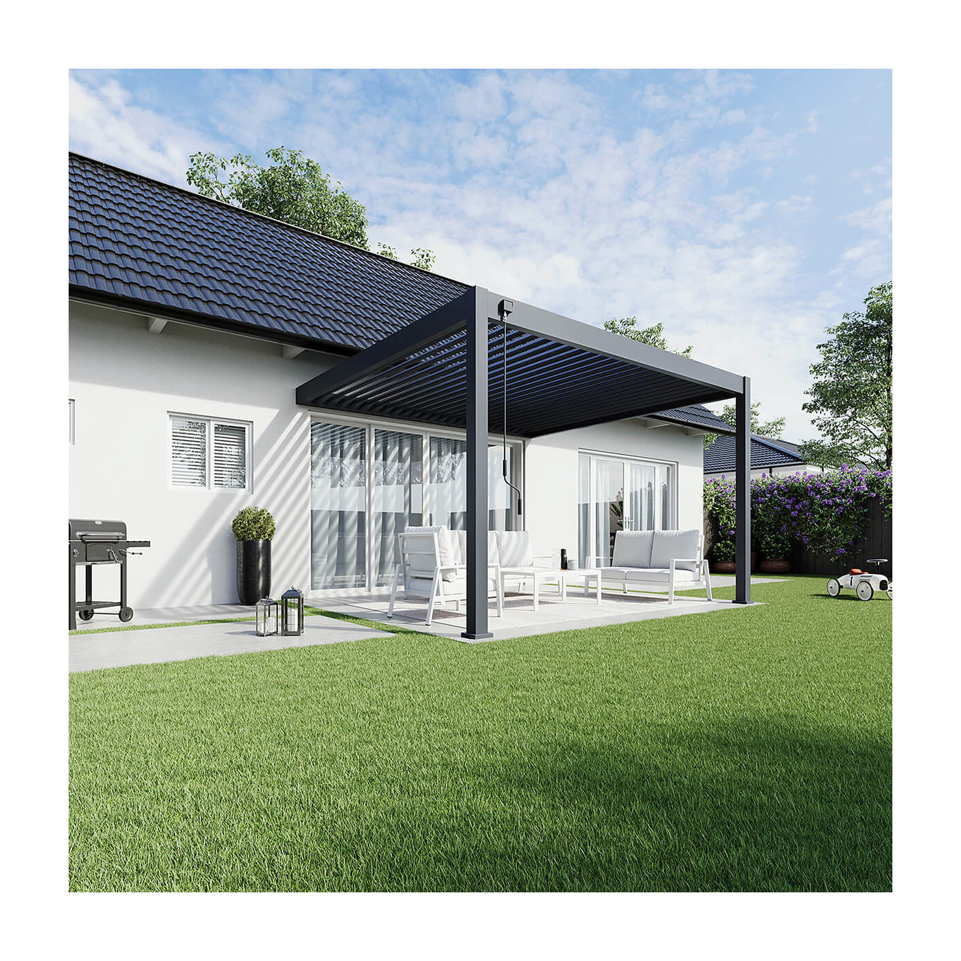 Aranżacja pergoli Deluxe Wall 3.6x4 w kolorze antracytowym przed domem na tarasie z meblami.