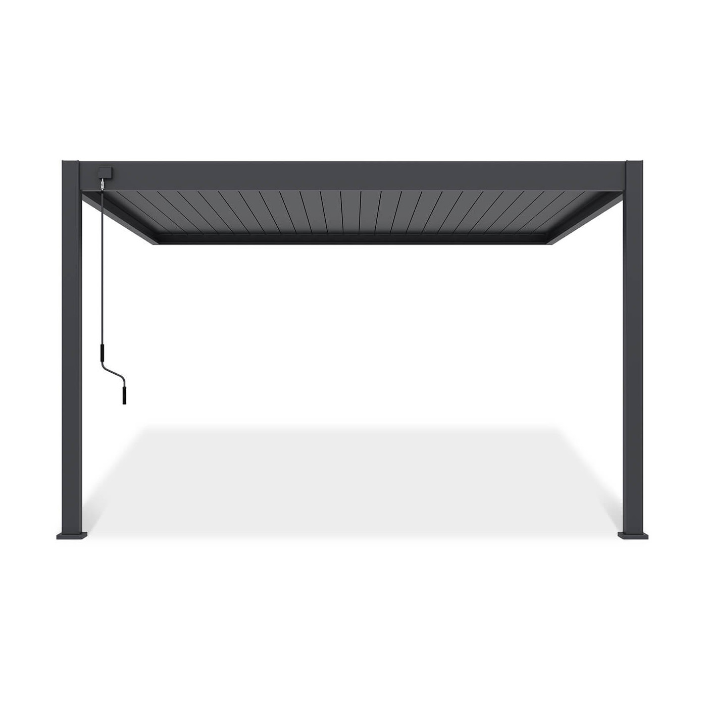 Pergola Deluxe Wall 3.6x4 antracytowa na tarasie w ogrodzie, widziana z dystansu.