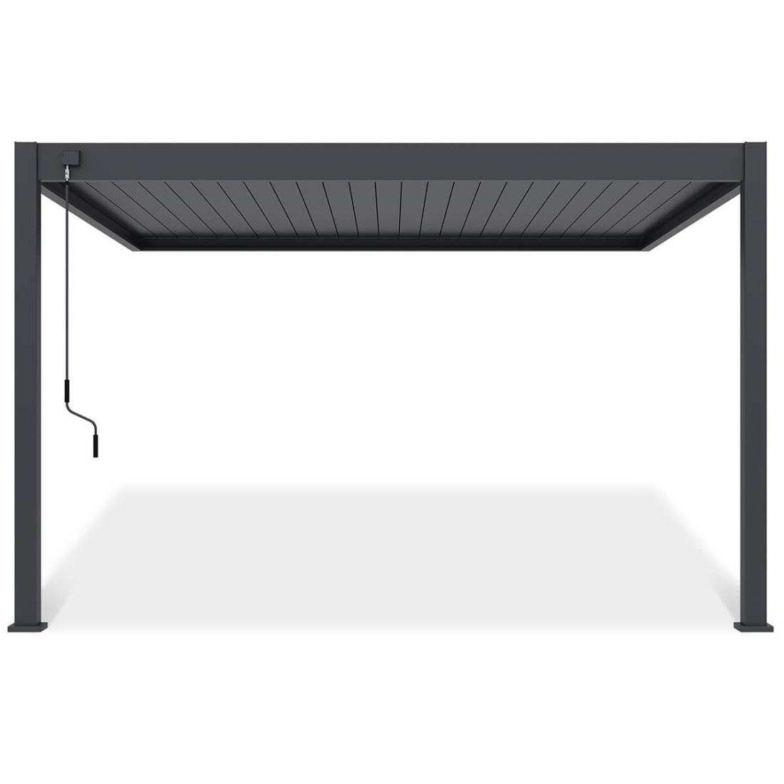 Pergola Deluxe Wall 3.6x4 antracytowa na tarasie w ogrodzie, widziana z dystansu.