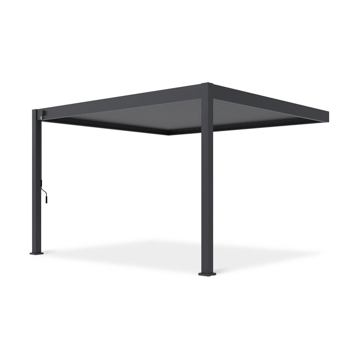 Widok z przodu pergoli tarasowej Deluxe Wall 3.6x4 antracytowej na białym tle.