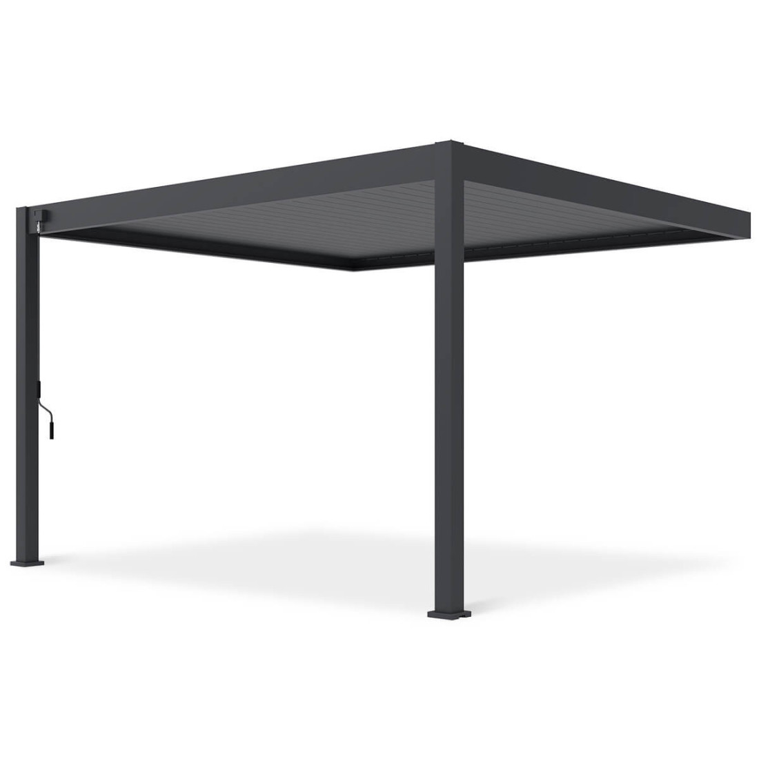 Widok z przodu pergoli tarasowej Deluxe Wall 3.6x4 antracytowej na białym tle.
