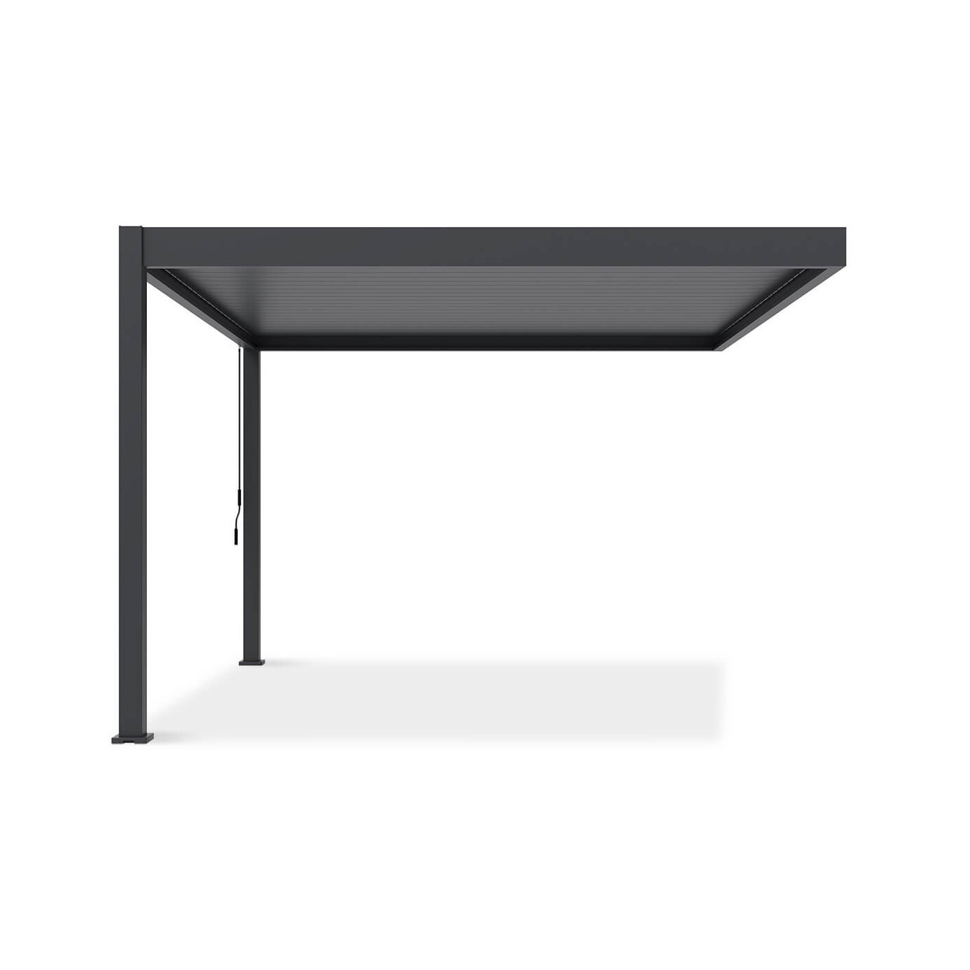 Widok boczny z drugiej strony pergoli Deluxe Wall 3.6x4 z mechanizmem korbowym, na białym tle.