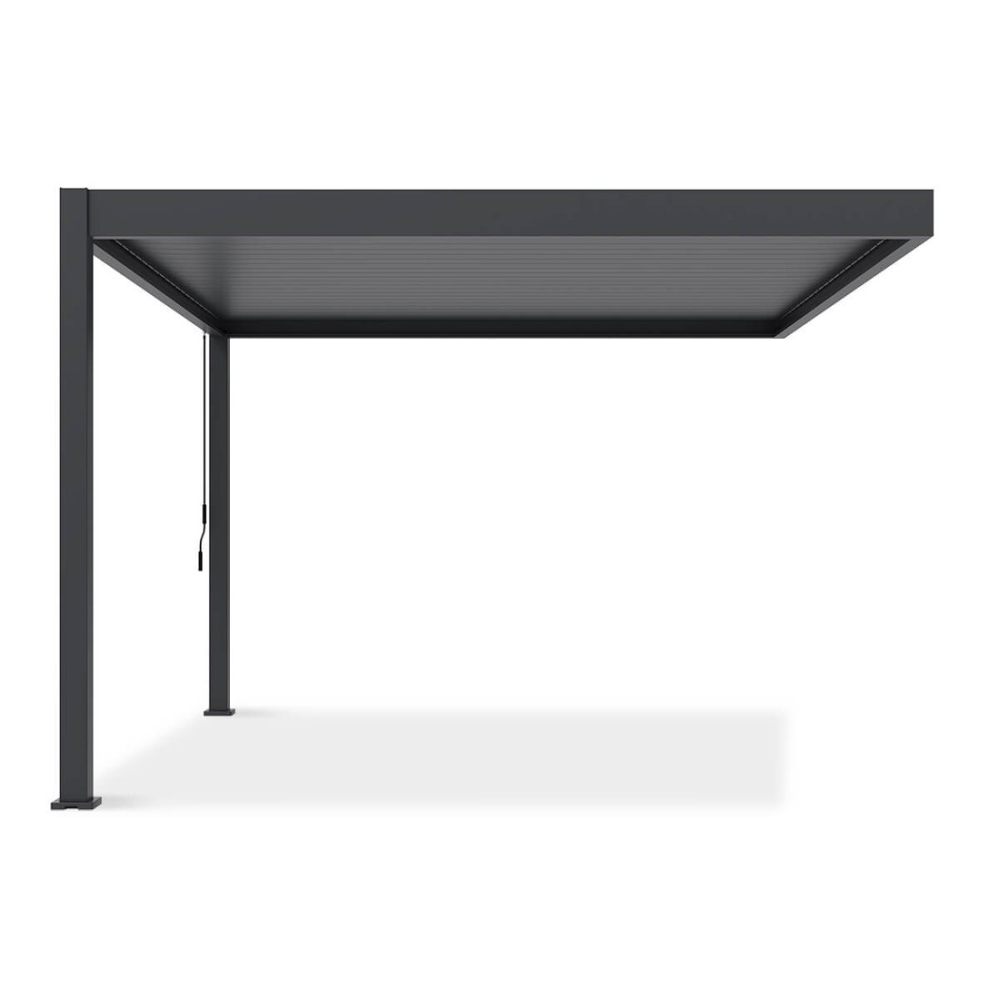 Widok boczny z drugiej strony pergoli Deluxe Wall 3.6x4 z mechanizmem korbowym, na białym tle.