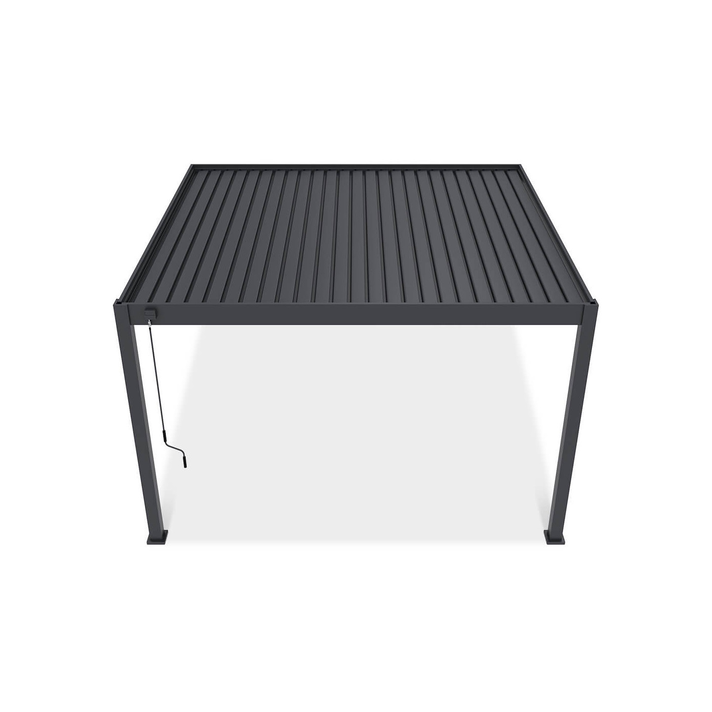 Widok boczny pergoli Deluxe Wall 3.6x4 w kolorze antracytowym na białym tle z mechanizmem korbowym.