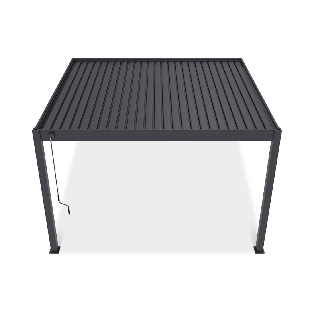 Widok boczny pergoli Deluxe Wall 3.6x4 w kolorze antracytowym na białym tle z mechanizmem korbowym.