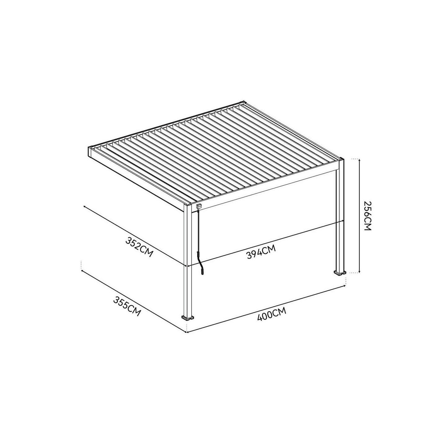 Widok z góry pergoli tarasowej Deluxe Wall 3.6x4 antracytowej na białym tle.