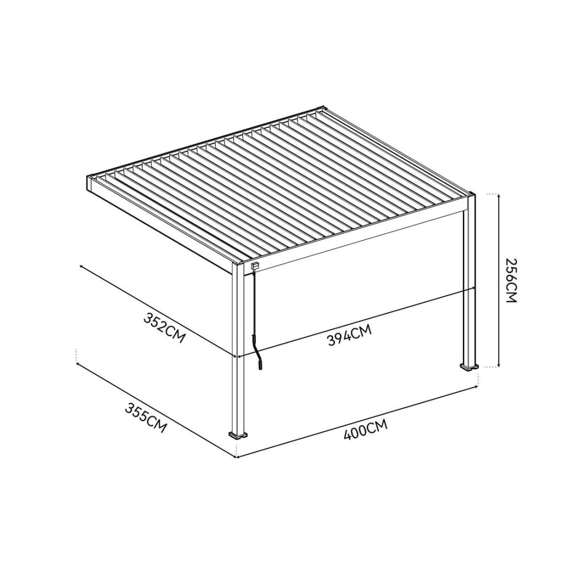 Widok z góry pergoli tarasowej Deluxe Wall 3.6x4 antracytowej na białym tle.
